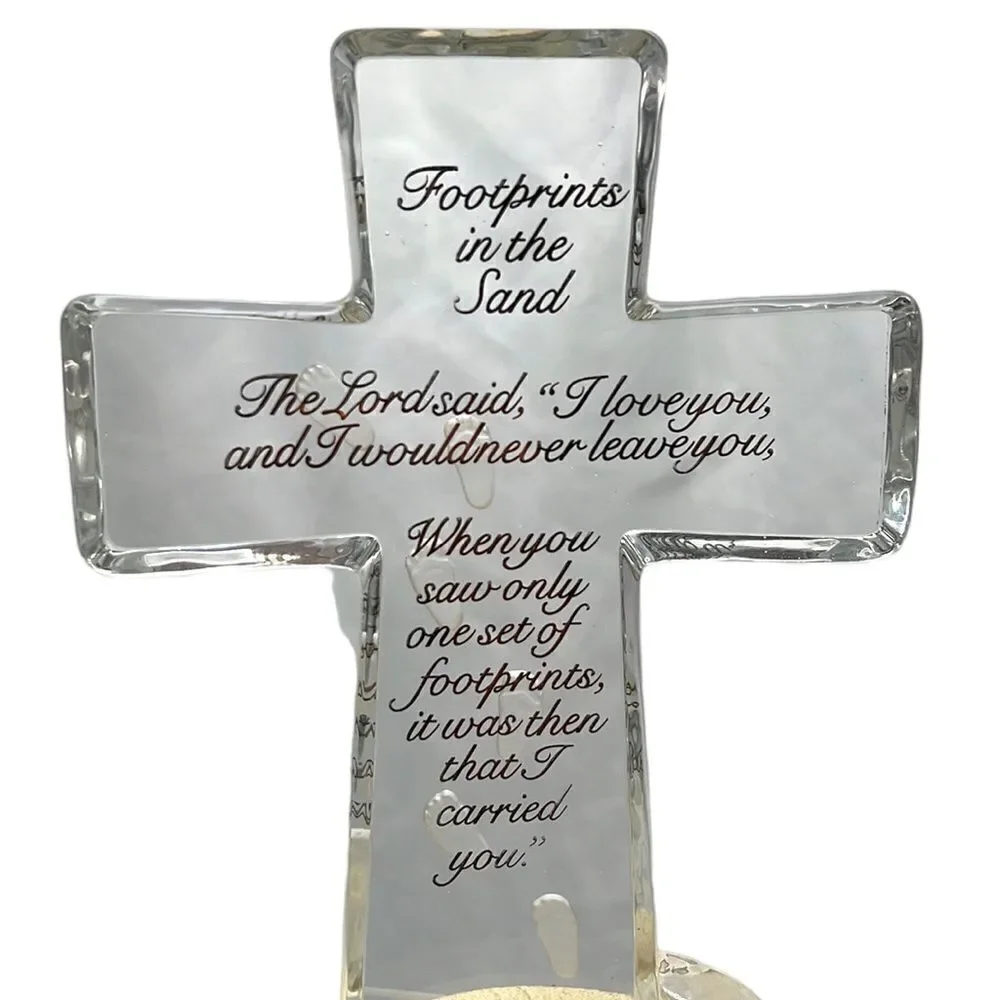 Bradford Exchange Glass Cross Footprints in the Sand Christian Decor